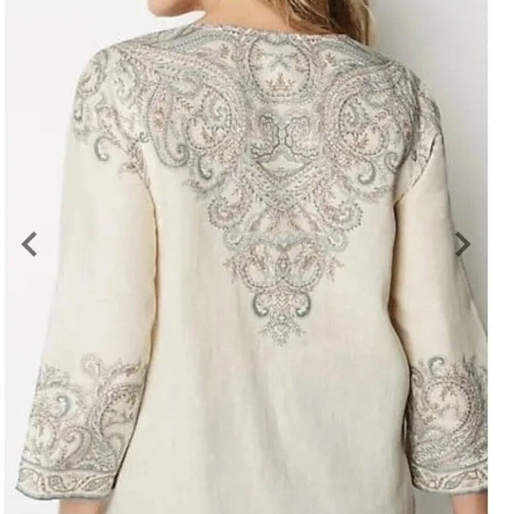 J. Jill Love Linen Ornate Paisley Bohemian Lagenlook Top in Barley Elegant XL - Picture 2 of 14
